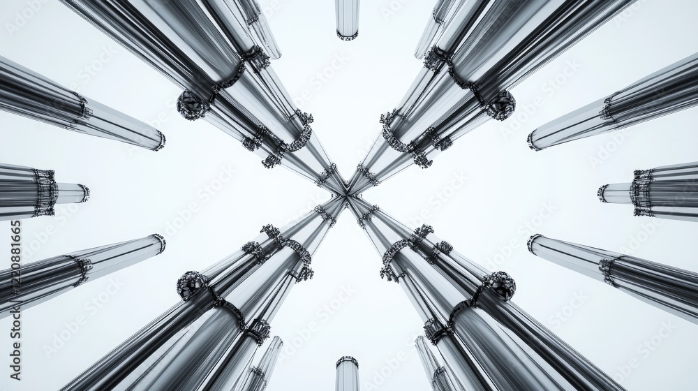 Symmetrical steel rods arranged in a circular design, creating a focal point against a clean white background. Symmetrical steel rods arranged in a circular design, creating a focal point against a clean white background.