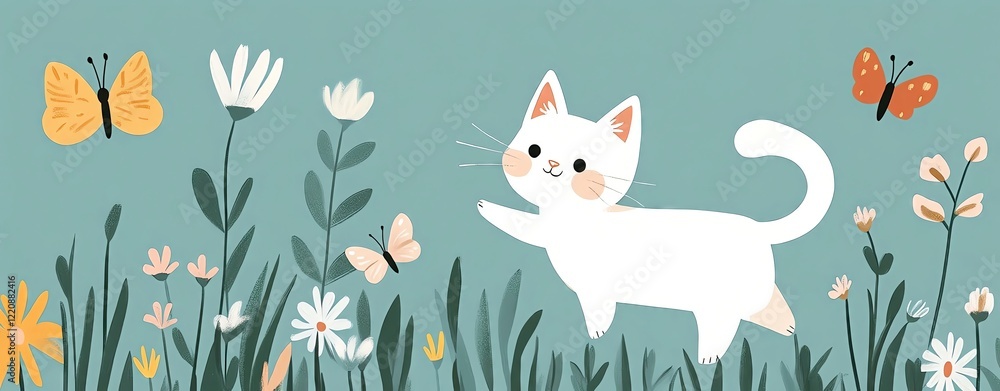 Fototapeta premium whimsical Isolated cute cartoon pastel Playful cat exploring a flower-filled garden.