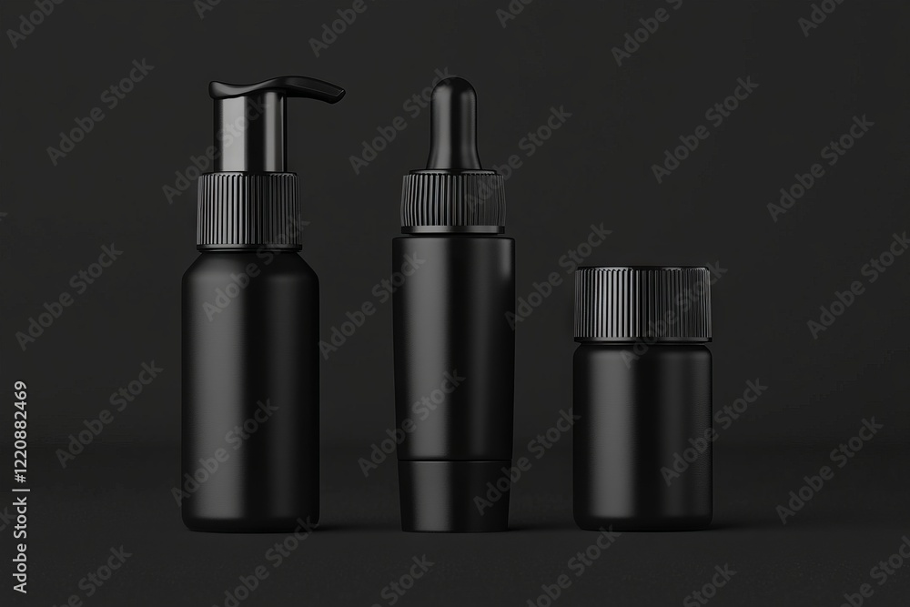 Three black bottles with lids Three black bottles with lids