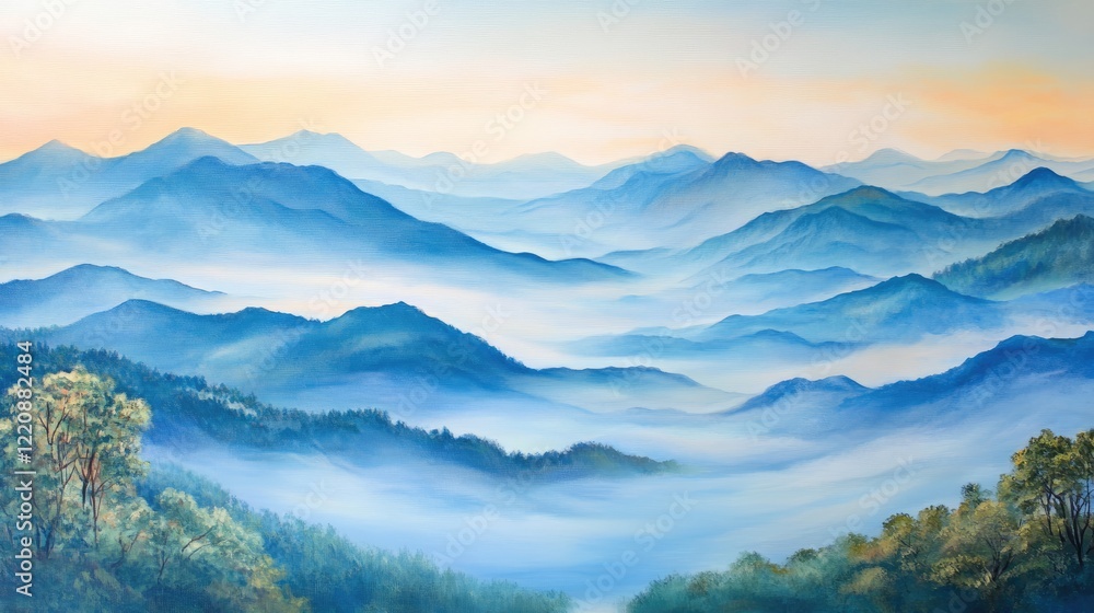 Obraz premium Tranquil view of mountain ranges, mist drifting through the valleys, soft sunlight illuminating the landscape