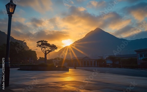 Photo of the sunrise in Lantau, Ma Wan Road with buildings and volcano silhouette in the background. Wide-angle lens, natural lighting. photo