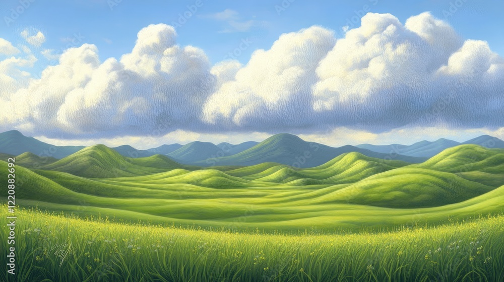 Fototapeta premium Vast expanse of mountains under a dramatic sky, soft clouds casting shadows on the peaks