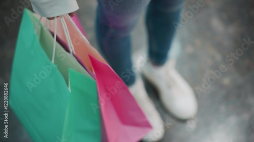 Close-up of person holding green and pink shopping bags while standing on shiny marble floor, blurred white sneakers in background enhance modern retail vibe with subtle motion of swaying bags photo