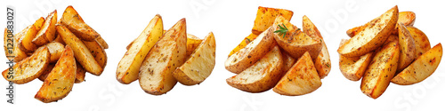 Potato Wedges – Thick-cut potato wedges baked or fried until crispy and golden brown often seasoned with herbs or spices. Isolated on Clear White Background Highly Detailed 