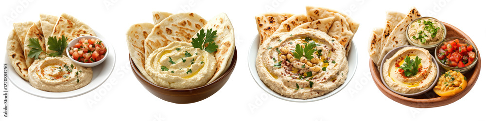 Pita Bread with Hummus and Baba Ghanoush – Soft warm pita bread served with creamy hummus and smoky baba ghanoush for a flavorful appetizer. Isolated on Clear White Background Highly Detailed Pita Bread with Hummus and Baba Ghanoush – Soft warm pita bread served with creamy hummus and smoky baba ghanoush for a flavorful appetizer. Isolated on Clear White Background Highly Detailed