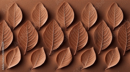 Artistic arrangement of dried leaves on brown surface nature still life minimalist aesthetic close-up view