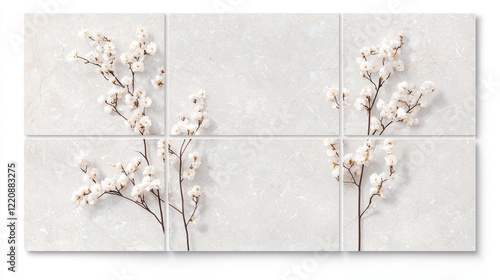 Delicate white flower arrangement elegant indoor space wall art minimalist design peaceful atmosphere