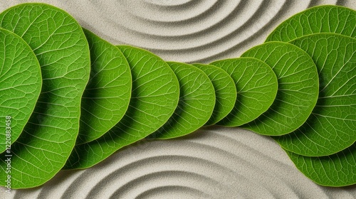 Harmonious leaf arrangement on sand patterns nature scene macro photography tranquil environment top-down view