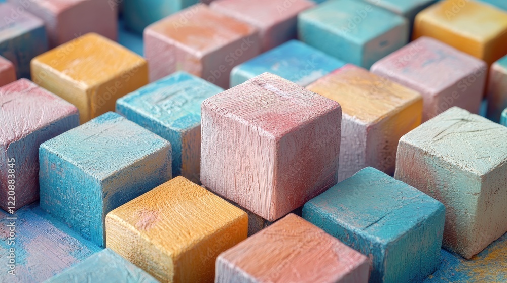 A scattered arrangement of small, square wooden blocks in various pastel and earth tone colors on a white background. A scattered arrangement of small, square wooden blocks in various pastel and earth tone colors on a white background.