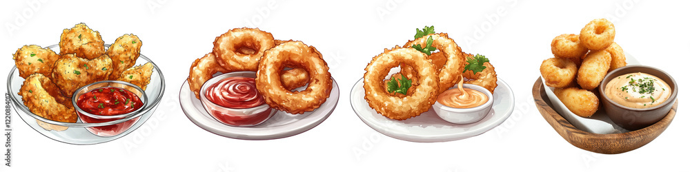 Fototapeta premium Onion Rings with Dipping Sauce – Golden crispy onion rings served with a tangy dipping sauce for a savory snack. Isolated on Clear White Background Highly Detailed