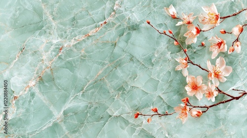 Delicate cherry blossoms on serene aqua marble background nature photography calm environment close-up view