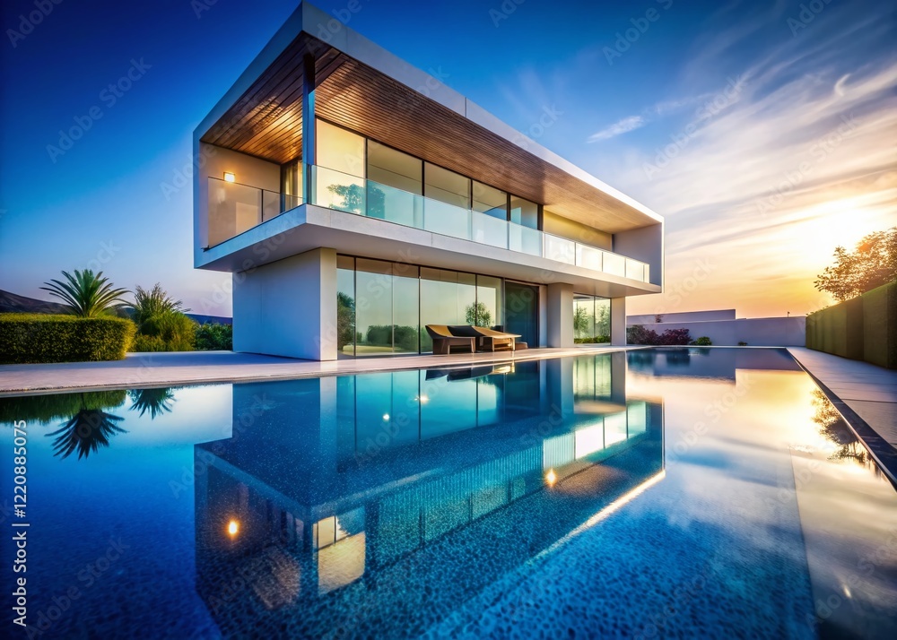 Obraz premium Modern Minimalist Glass House Infinity Pool Luxury Architecture Blue Sky Tranquil Scene