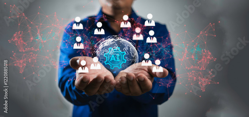 Human resources, CRM, Businessman use  to Ai technology, Artificial Intelligence find human icon for business, Customer Relation Management and, searching social media. Futuristic technology transform
