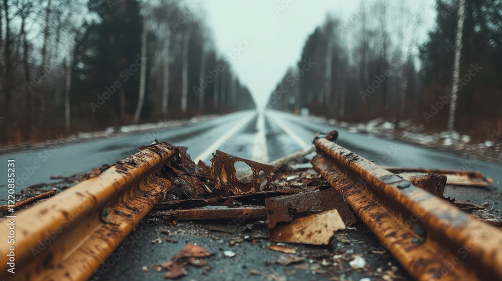 A captivating photo of deteriorated metal rails scattered on an empty highway, evoking feelings of solitude, abandonment, and the remnants of a forgotten infrastructure. A captivating photo of deteriorated metal rails scattered on an empty highway, evoking feelings of solitude, abandonment, and the remnants of a forgotten infrastructure.
