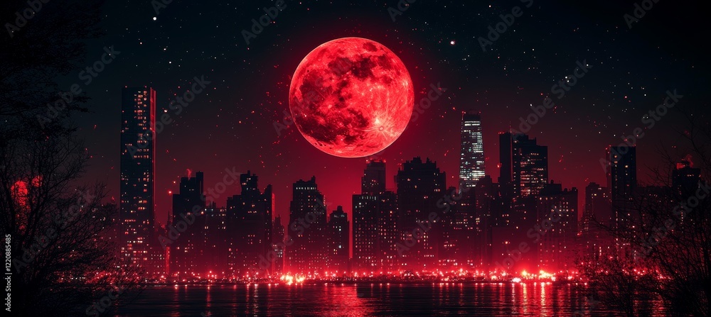 Fototapeta premium Mysterious creepy red full moon over the night city. Generative AI technology.