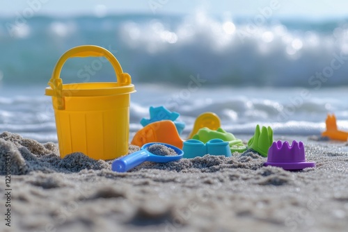 Colorful beach toys on sandy shore captured closeup sunny day vibrant environment playful scene photo