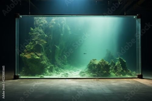 Large glass aquarium with green algae and rocks, illuminated by a light beam, creating a mesmerizing underwater scenery photo