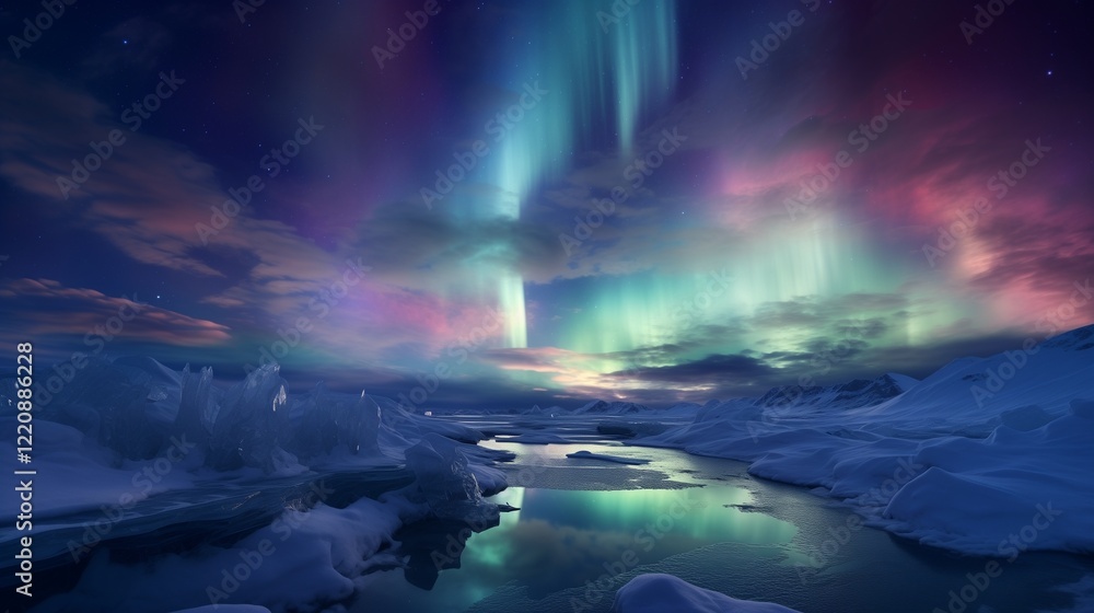 Naklejka premium A frozen tundra with ice crystals sparkling under a brilliant aurora.