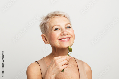 Gorgeous woman of 60s massaging face skin using natural facial stone trendy jade green quartz roller photo