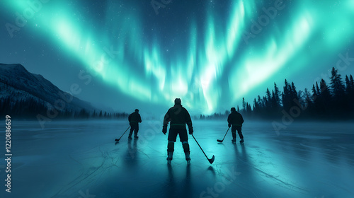 Intense Hockey Game on a Glowing Frozen Lake under the Northern Lights