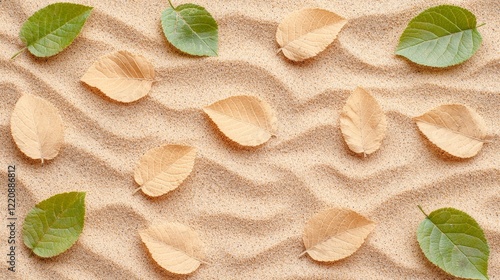 Falling leaves and sand patterns nature scene abstract photography calm environment top-down view serenity concept