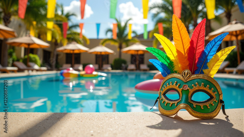 Colorful Mardi Gras mask and decorations near a resort pool, concept of carnival celebrations and festive pool parties photo