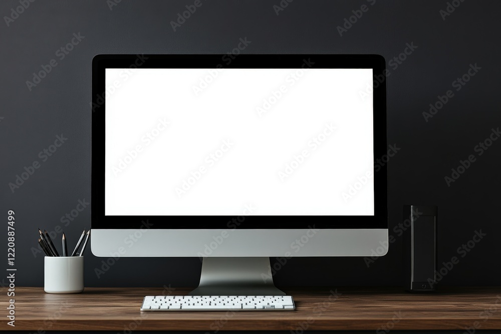 A computer featuring a bright white screen is placed on a wooden desk