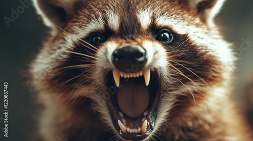 In this intense close-up, a raccoon expresses its aggression with bared teeth, highlighting its fierce nature and the captivating essence of wildlife in its natural environment. photo