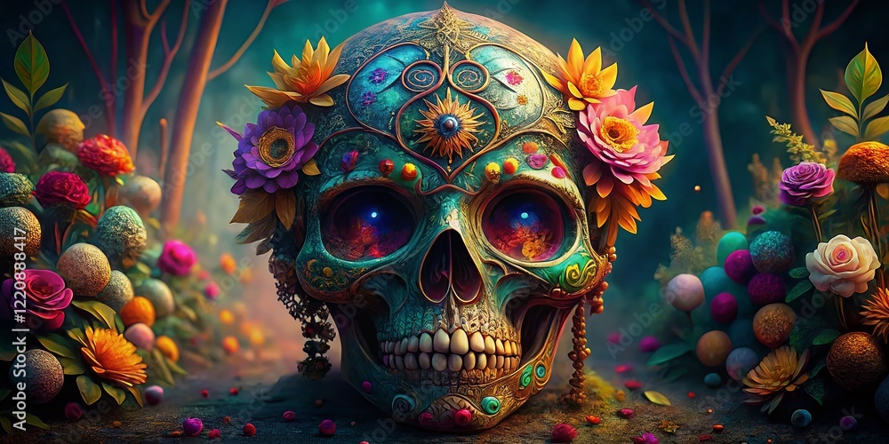 Calavera Sugar Skull PNG: Vibrant Surreal Day of the Dead Design, Isolated on Transparent Background Calavera Sugar Skull PNG: Vibrant Surreal Day of the Dead Design, Isolated on Transparent Background