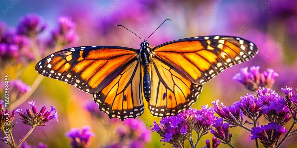 Obraz premium Monarch Butterfly Taking Flight from Purple Wildflower - Panoramic Closeup