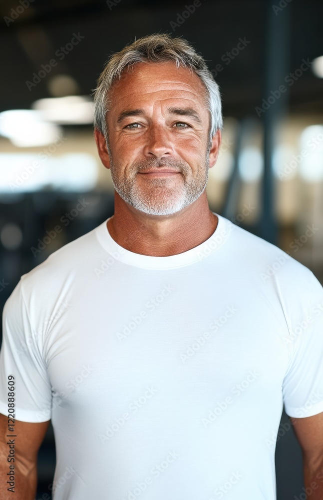 Middle-aged man smiles confidently in a gym setting while wearing a plain white shirt and is ready to exercise or engage in fitness activities Middle-aged man smiles confidently in a gym setting while wearing a plain white shirt and is ready to exercise or engage in fitness activities