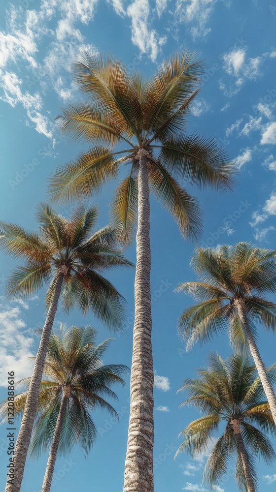 Fototapeta premium Majestic palm trees reaching towards the bright blue sky on a sunny day in a tropical paradise