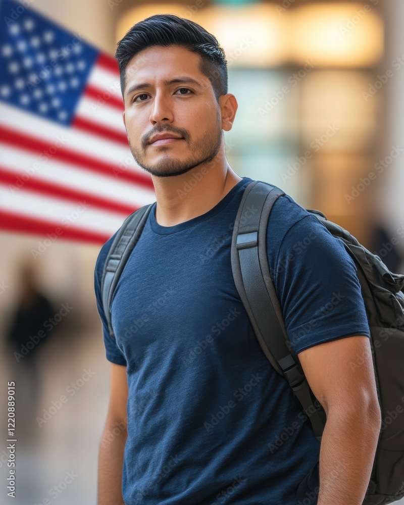 Young man stands confidently with a backpack at a public location featuring an American flag in the background during daylight Young man stands confidently with a backpack at a public location featuring an American flag in the background during daylight