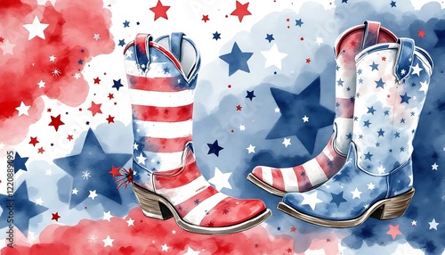 Patriotic American Cowboy Boots Watercolor Stars Background