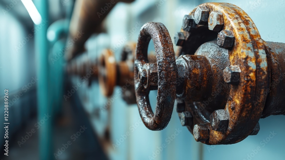 A series of old pipes with rusted valves line the interior of a factory, representing industrial history and the passage of time in mechanical structures. A series of old pipes with rusted valves line the interior of a factory, representing industrial history and the passage of time in mechanical structures.