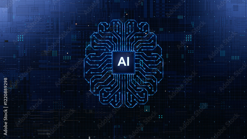 AI chip on a circuit board. Symbolizes technological advancement and artificial intelligence integration. 3d rendering, conceptual image.