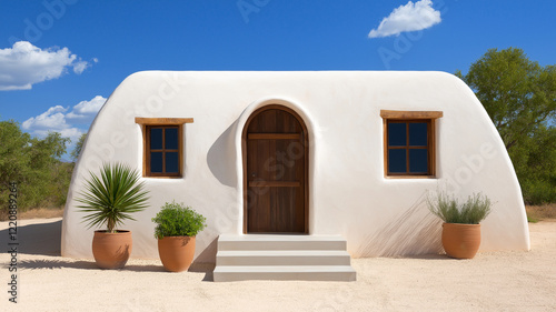 Modern sustainable earthship home exterior with unique design, featuring rounded shape, wooden door, and large windows. Surrounded by potted plants and clear blue sky, it embodies eco friendly photo