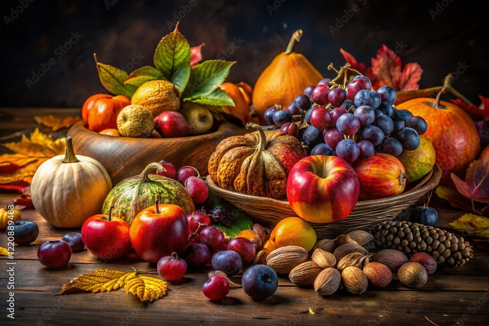 Moody Low-Light Still Life: A Collection of Autumn Fruits and Nuts Moody Low-Light Still Life: A Collection of Autumn Fruits and Nuts