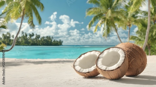 Wallpaper Mural Fresh Coconut Halves on Serene Tropical Beach with Palm Trees and Crystal Clear Water Under a Bright Blue Sky, Perfect for Relaxation and Vacation Themes Torontodigital.ca