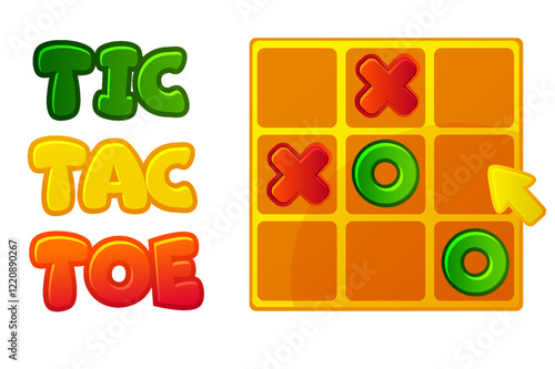 TIC TAC TOE UI with arow cursor. Board logic game for your game development UI. Vector cartoon strategy game noughts and crosses,