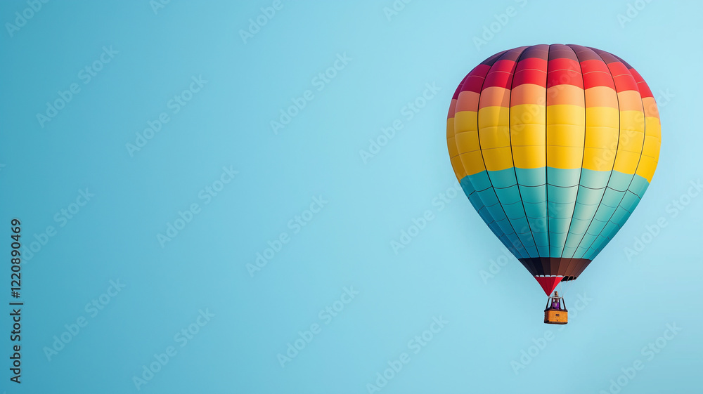 Obraz premium Colorful hot air balloon soaring against clear blue sky, evoking sense of adventure and freedom. Perfect for travel and outdoor themes