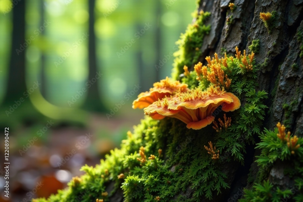 Fungal growth on mossy tree trunk in a forest, tree, natural Fungal growth on mossy tree trunk in a forest, tree, natural