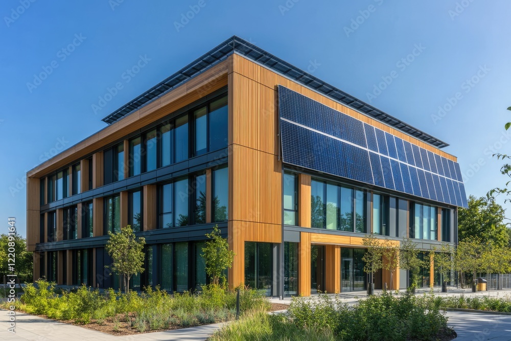 Modern sustainable office building with wood facade and solar panels, showcasing eco-friendly design. Modern sustainable office building with wood facade and solar panels, showcasing eco-friendly design.