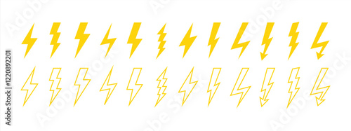 Bolt, lighting thunder vector icons. Thunderbolt electric energy flash arrow symbols. Signs, logos of light, power, storm. Flat yellow thunderstorm strikes illustration. Shock voltage cartoon graphic photo