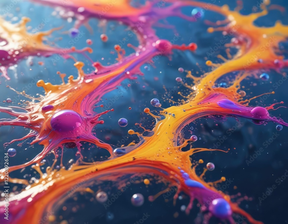 Fototapeta premium A colorful liquid splashing onto a surface with numerous small bubbles and ripples , colorful liquids, abstract colorful liquid water splash