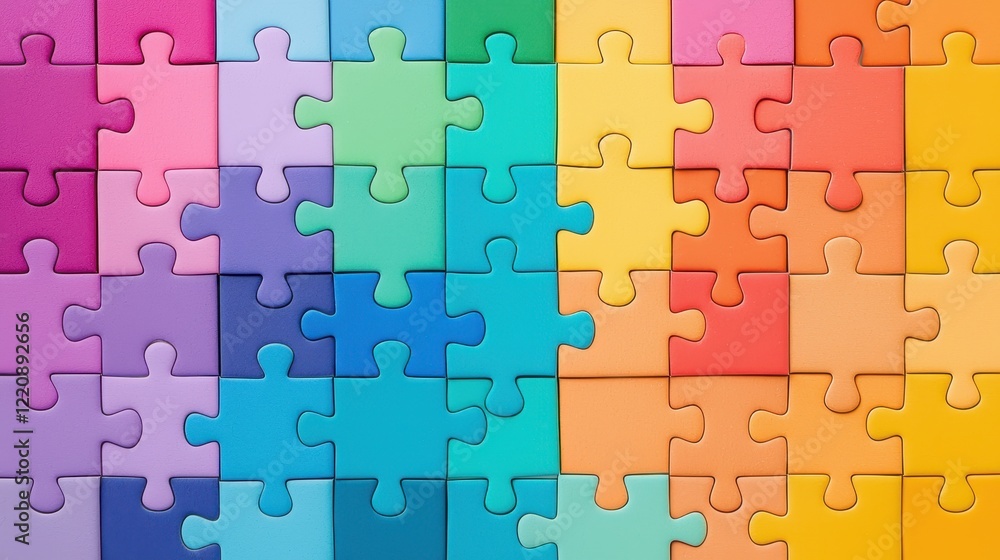A vibrant collage of interlocking puzzle pieces in various shades, creating a visually appealing pattern of colors.