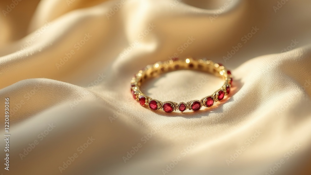 Fototapeta premium Medium shot of a gold ring with ruby gemstones on a flowing beige silk fabric under soft light