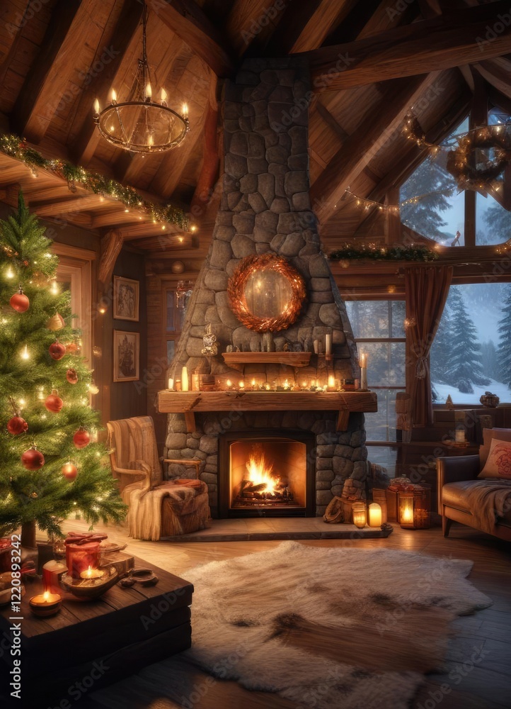 Fototapeta premium A cozy holiday cabin with a crackling fire and festive decorations , relaxing retreat, snug cottage, crackling fire