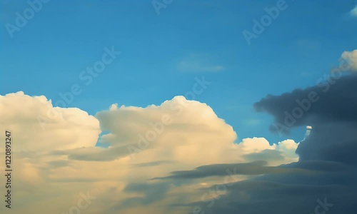 Serene blue sky with fluffy white and gray clouds forming dynamic patterns, creating a calming and picturesque natural scenery. photo