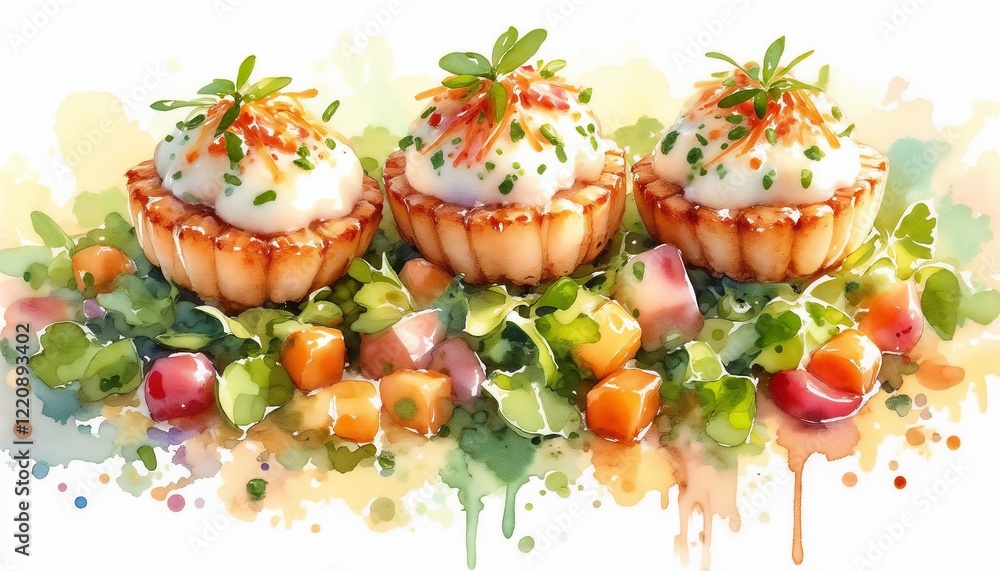 Obraz premium Watercolor scallop dish with layered ingredients, foam, and garnish